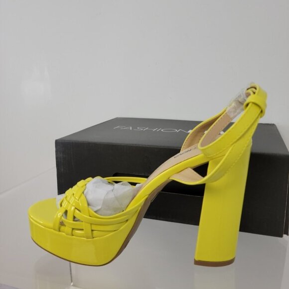 Fashion Nova Neon Yellow Patent Platform Chunky  Heels - Picture 3 of 8